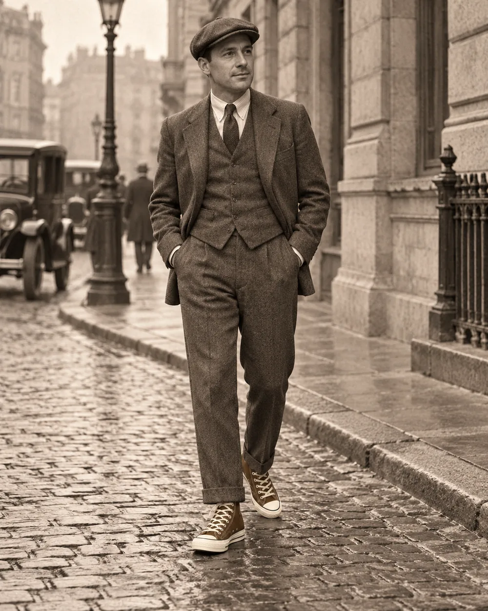 A man in early twentieth-century tailoring wearing canvas sneakers