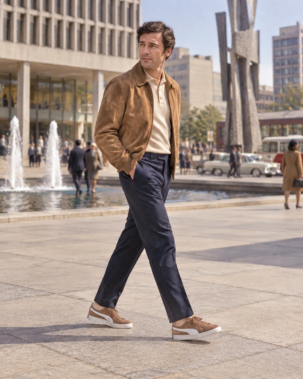 Illustration of a man wearing suede low-top sneakers, in late 1960s style