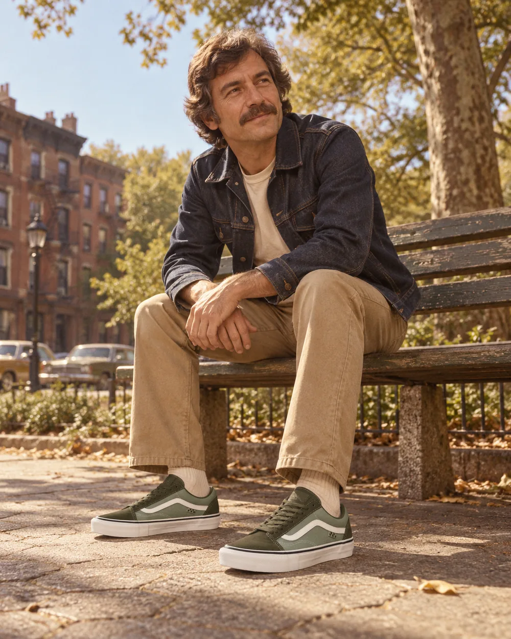 A seated man in 1970s casual clothes wearing low-top sneakers