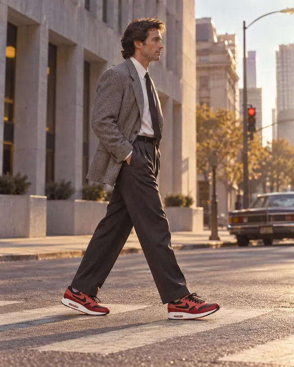 An illustration of a man wearing visible-Air running sneakers in late 1980s style