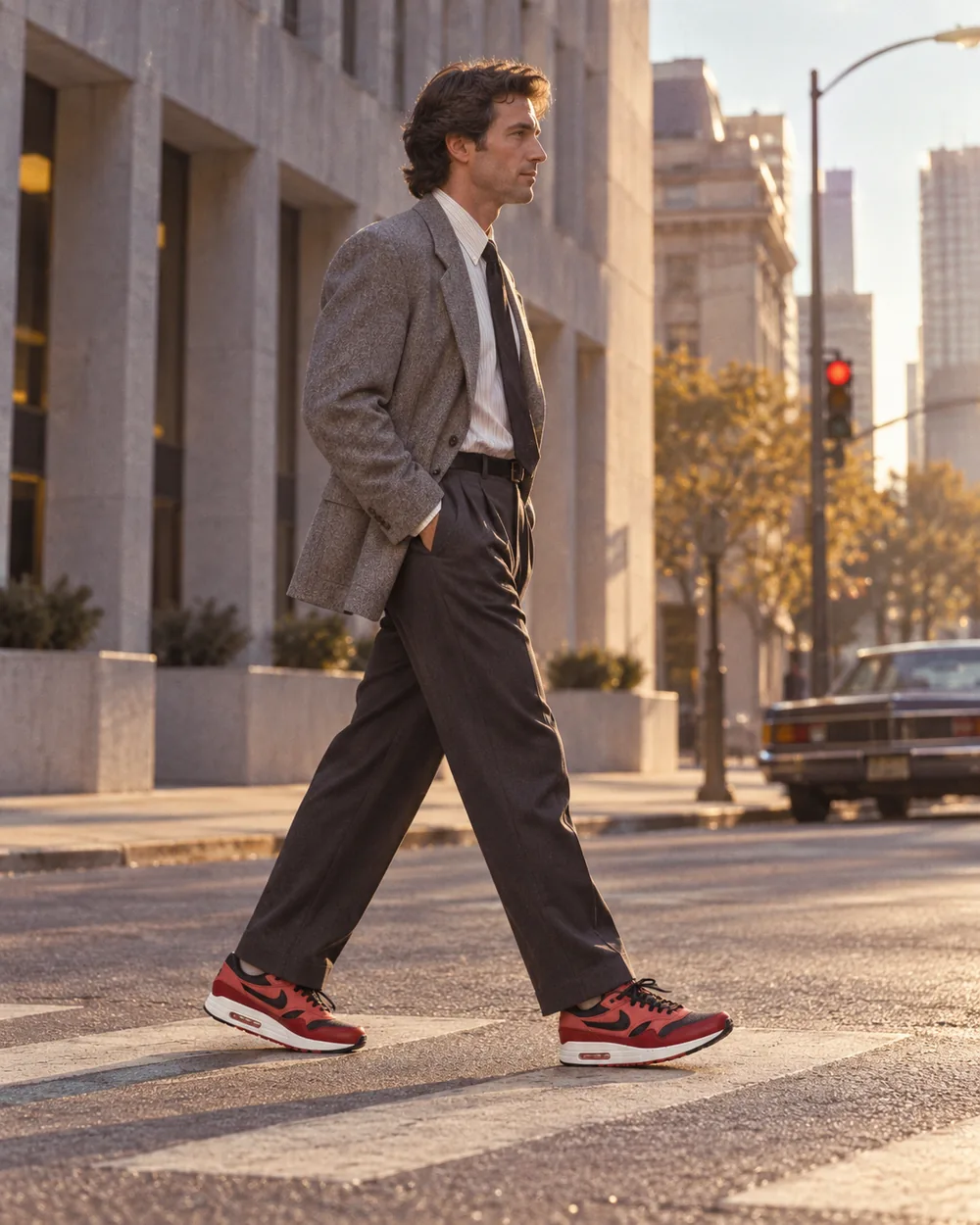 Illustration of a man wearing visible-Air running sneakers, in late 1980s style
