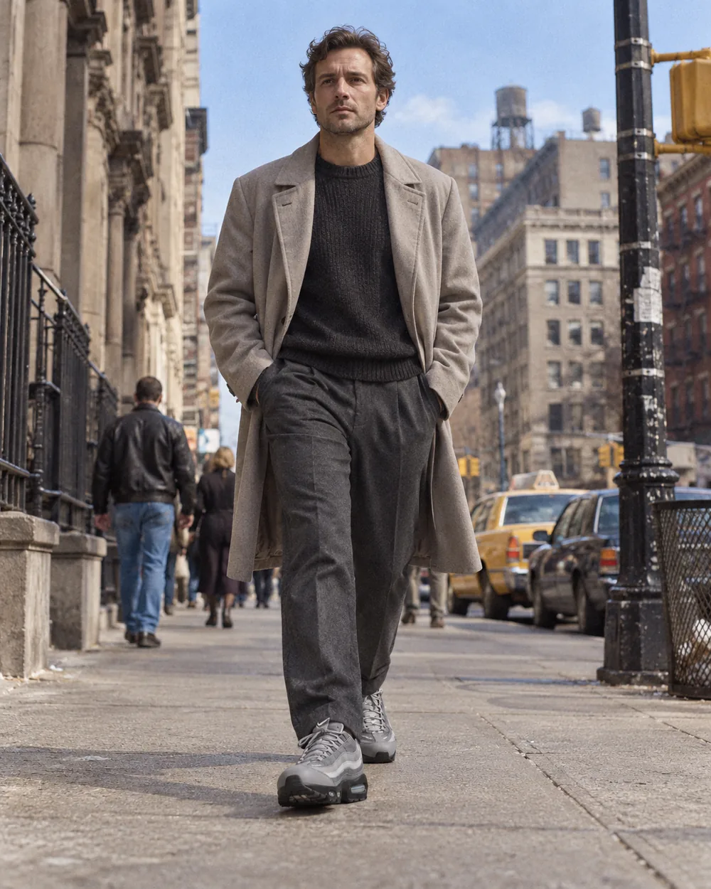 Illustration of a man wearing layered running sneakers, in mid 1990s style
