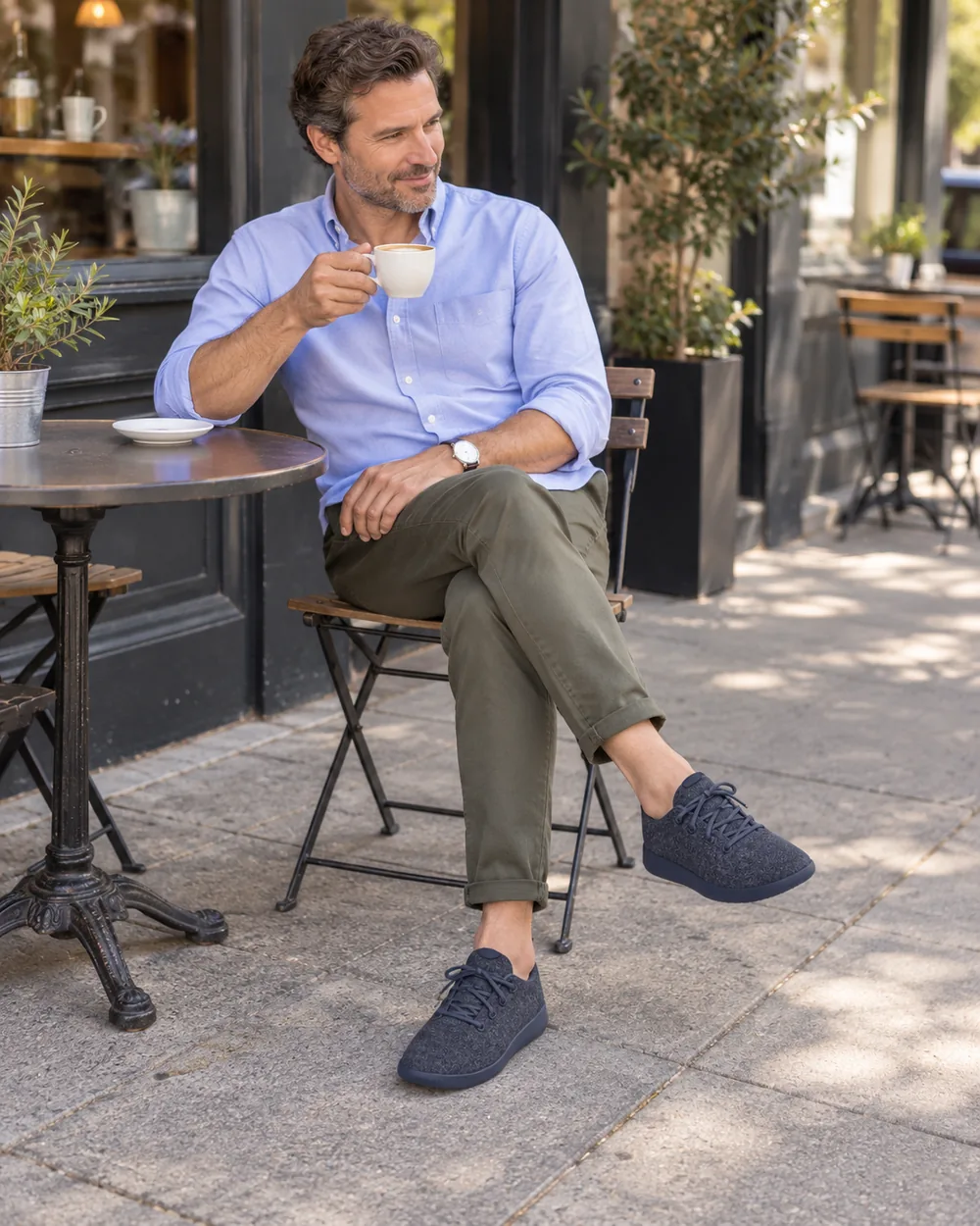 Illustration of a man wearing wool sneakers with casual clothes, in 2010s style
