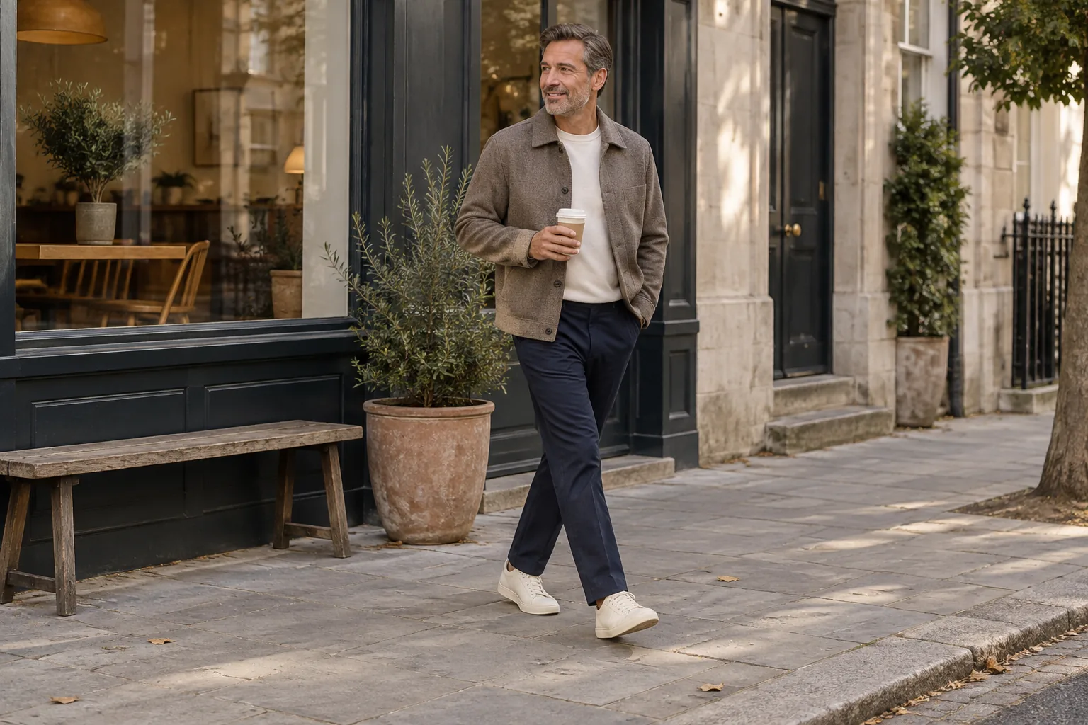 A man in a taupe jacket, navy trousers and cream sneakers walking with a coffee