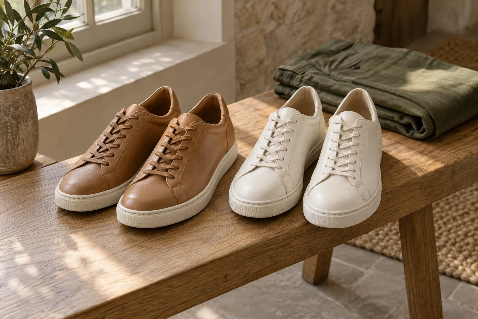 Tan and ivory leather sneakers with visible stitching on an oak bench beside folded olive trousers