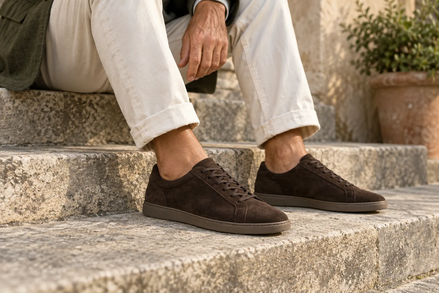 Slim dark suede low-top sneakers with cuffed ecru trousers at a stone step