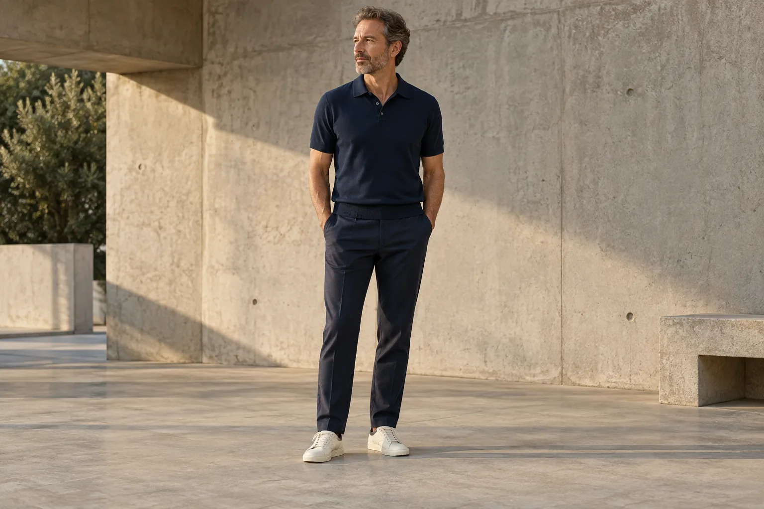 A man in navy clothes and plain off-white low-top sneakers beside quiet concrete architecture