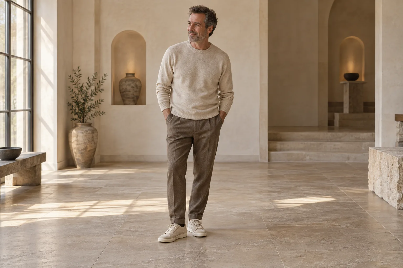 A man in an oatmeal knit, softly tailored brown trousers and cream suede sneakers in a gallery