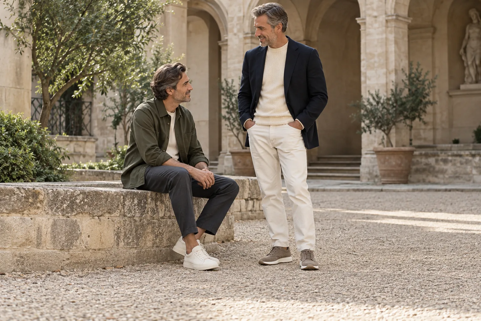 Two men in a stone courtyard wearing cream court sneakers with charcoal trousers and suede runners with ecru denim