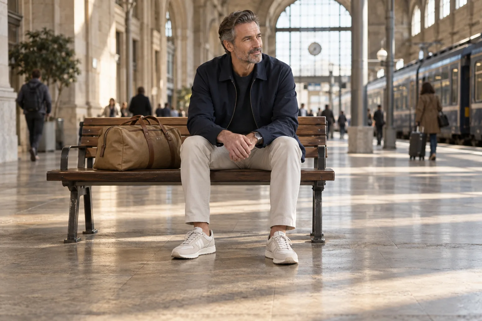 A man in a navy jacket and neutral sneakers seated at a train station with a tan weekend bag