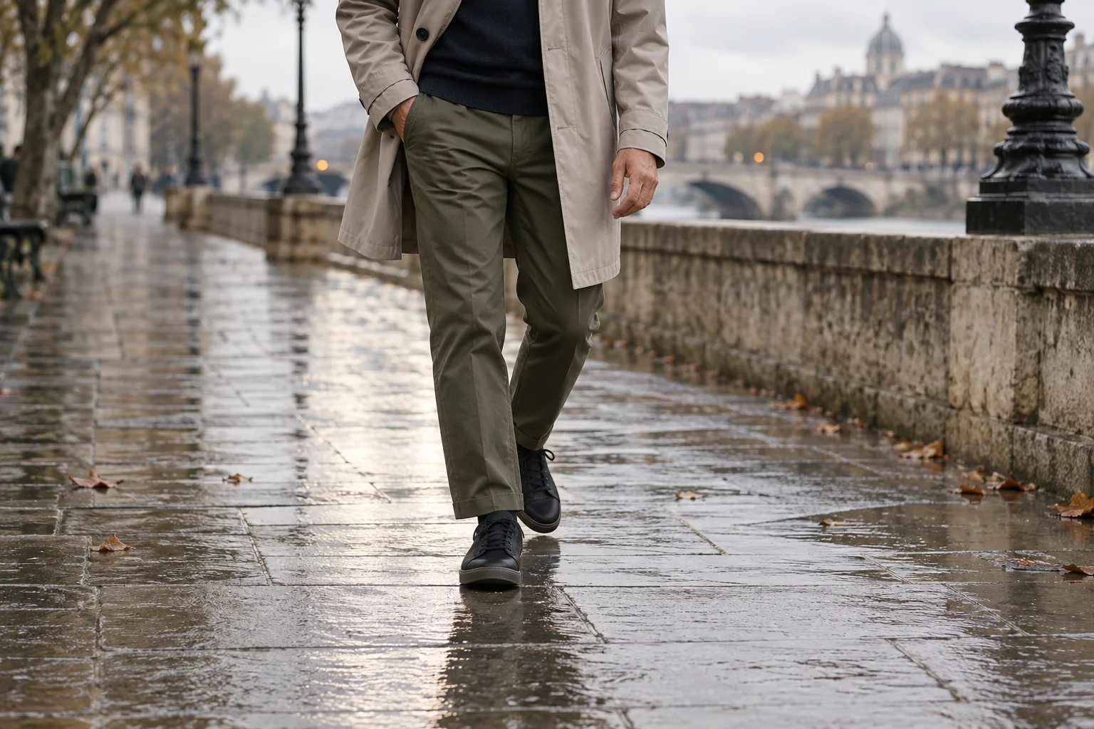 Dark sneakers, olive trousers and the hem of a raincoat on damp stone pavement