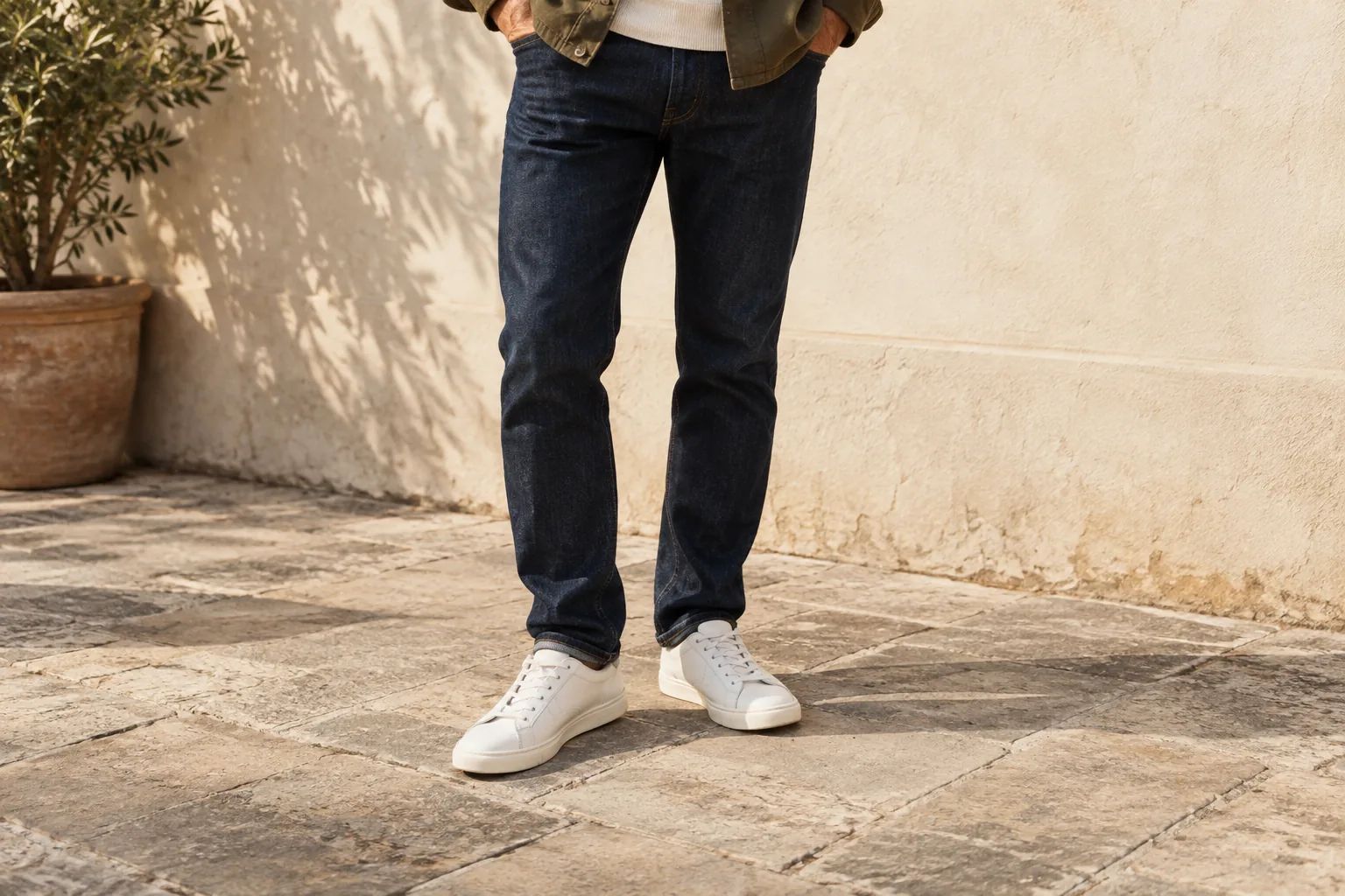 White leather sneakers worn with dark indigo jeans beside a sunlit cream wall
