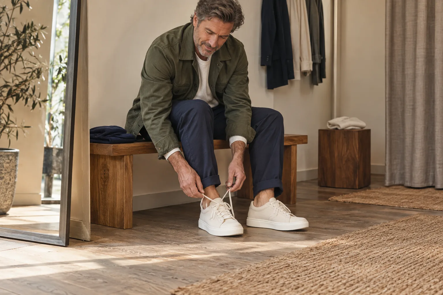 A man adjusting the laces of a sneaker while seated on a timber fitting bench